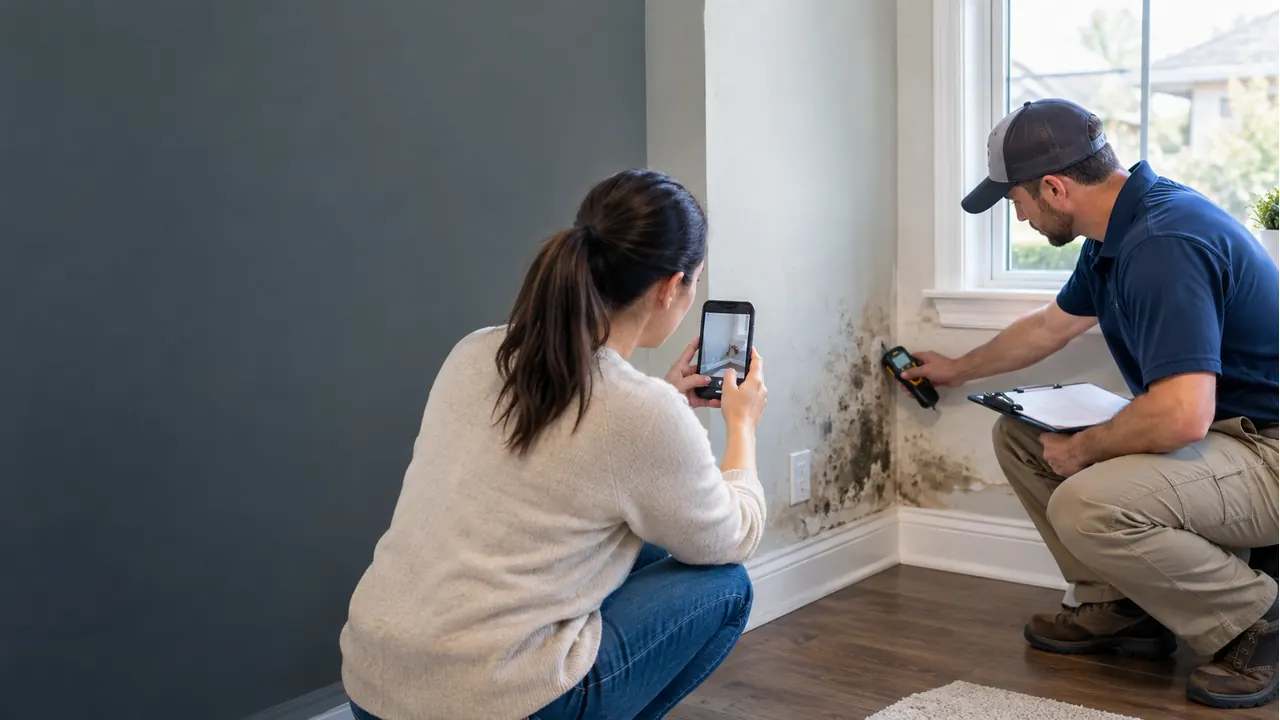 Homeowner documenting mold and water damage while a technician checks moisture levels